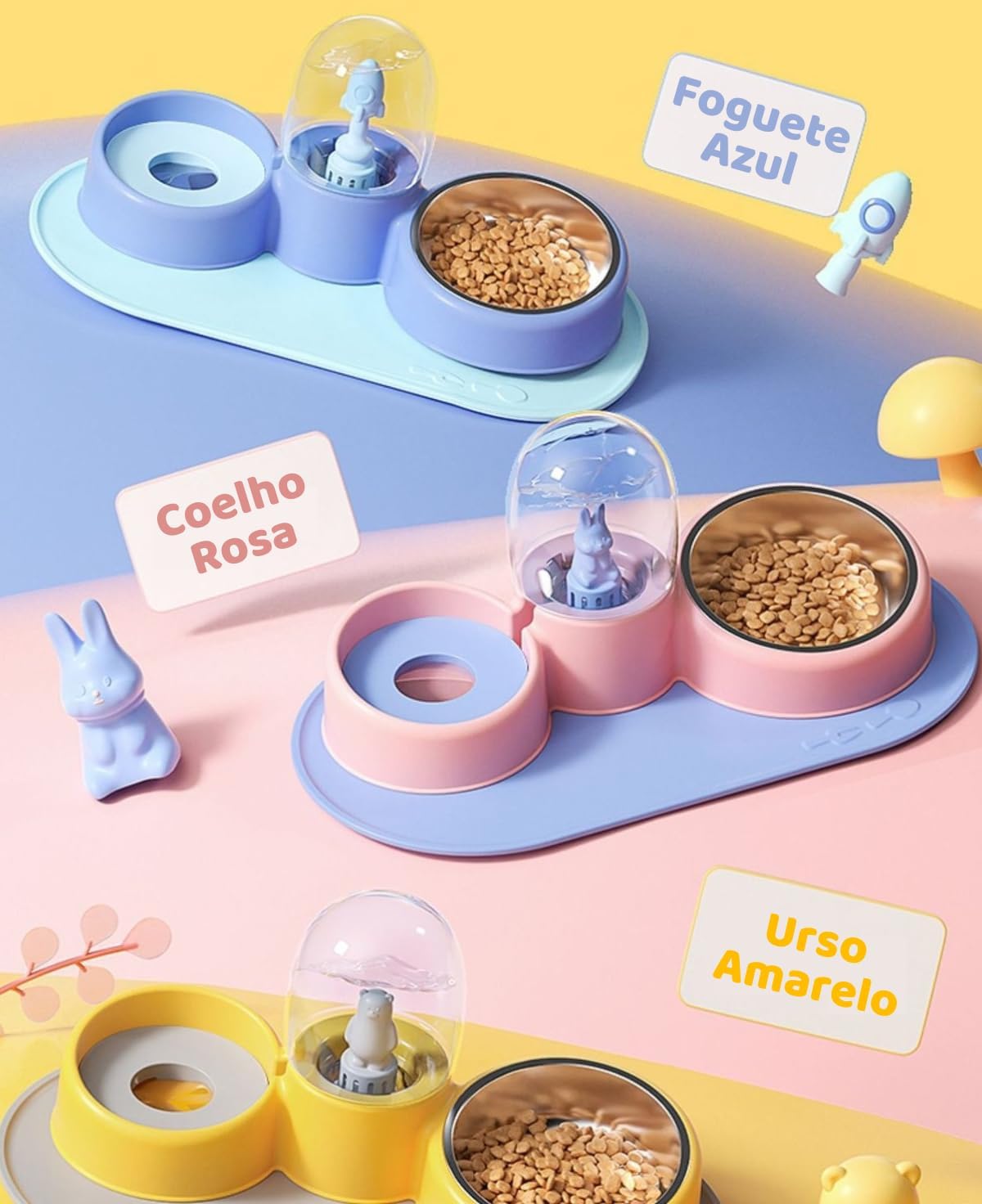 Comedouro Bebedouro Elevado Premium para Cão Cachorro Gato Pet, acompanha Tigela Inox, Bandeja Silicone e Suporte para Pelos Longos (Amarelo) - Imagem 2